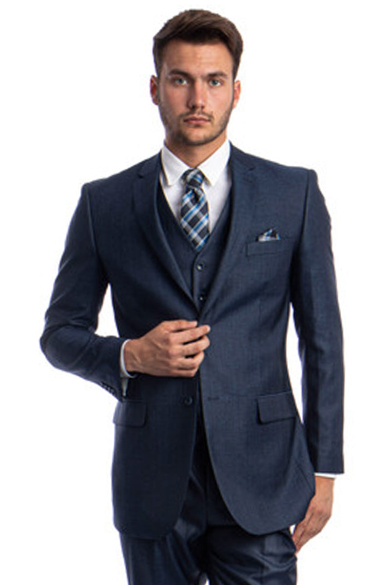 Men’s Two Button Vested Textured Sharkskin Business Suit in Navy Blue