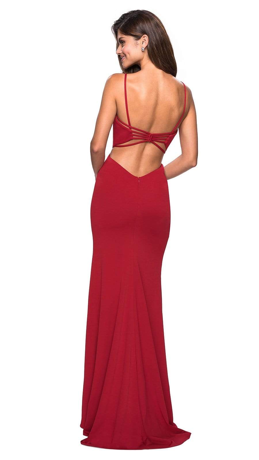 V-Neck Strappy Open Back Evening Dress 27516SC – 1 pc Royal Blue in Size 00 and 1 pc Plum in Size 10 Available