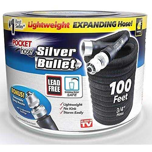 Bulbhead Pocket Hose Silver Bullet 75 ft Turbo Shot Nozzle Multiple Spray Patterns Expandable Garden Hose 3/4 in Solid Aluminum Fittings Lead-Free