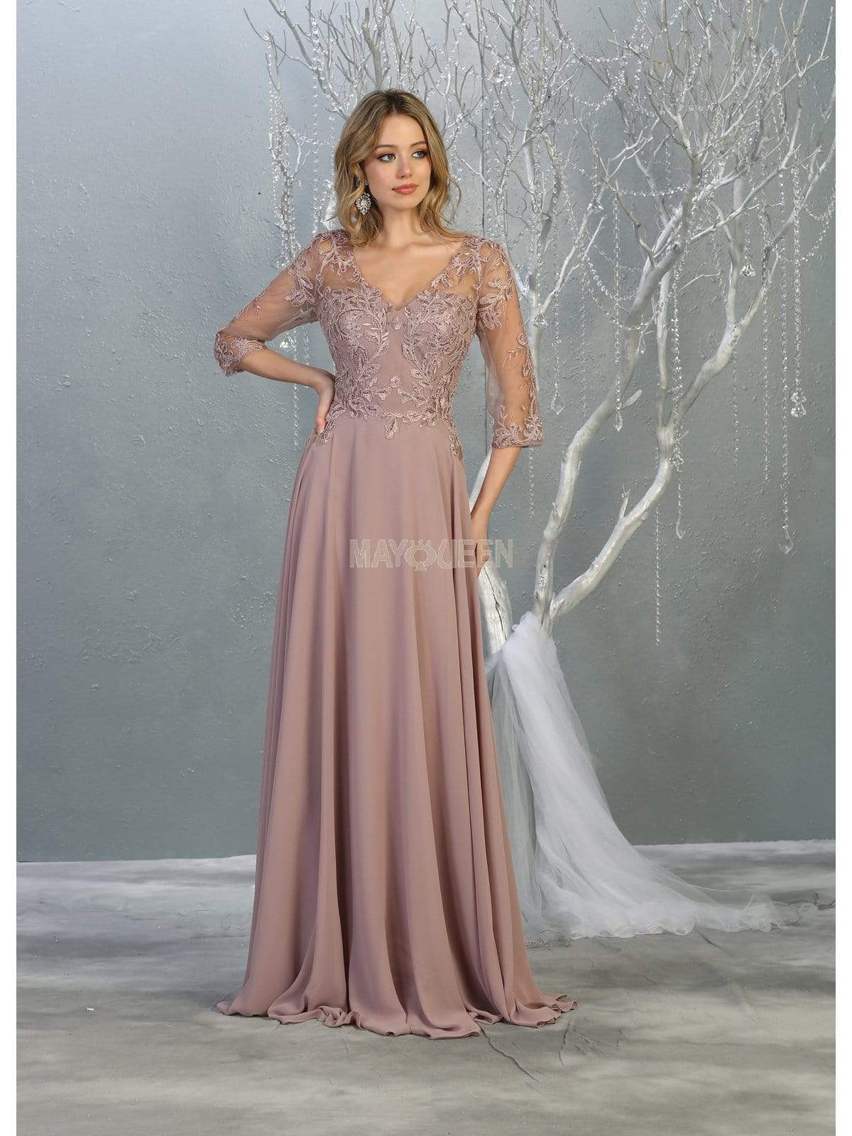 RQ7820 Bead Embellished V-Neck A-Line Dress