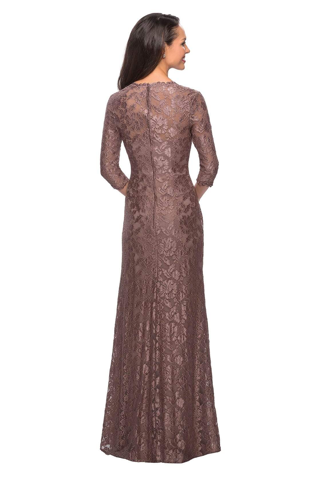 26427 Floral Lace Sheer Quarter Sleeve Sheath Gown