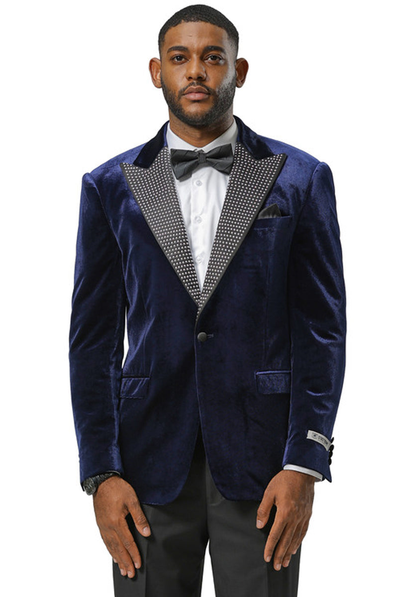 Men’s Stacy Adams Velvet Wedding & Prom Tuxedo Jacket With Rhinestone Adorned Lapel in Navy