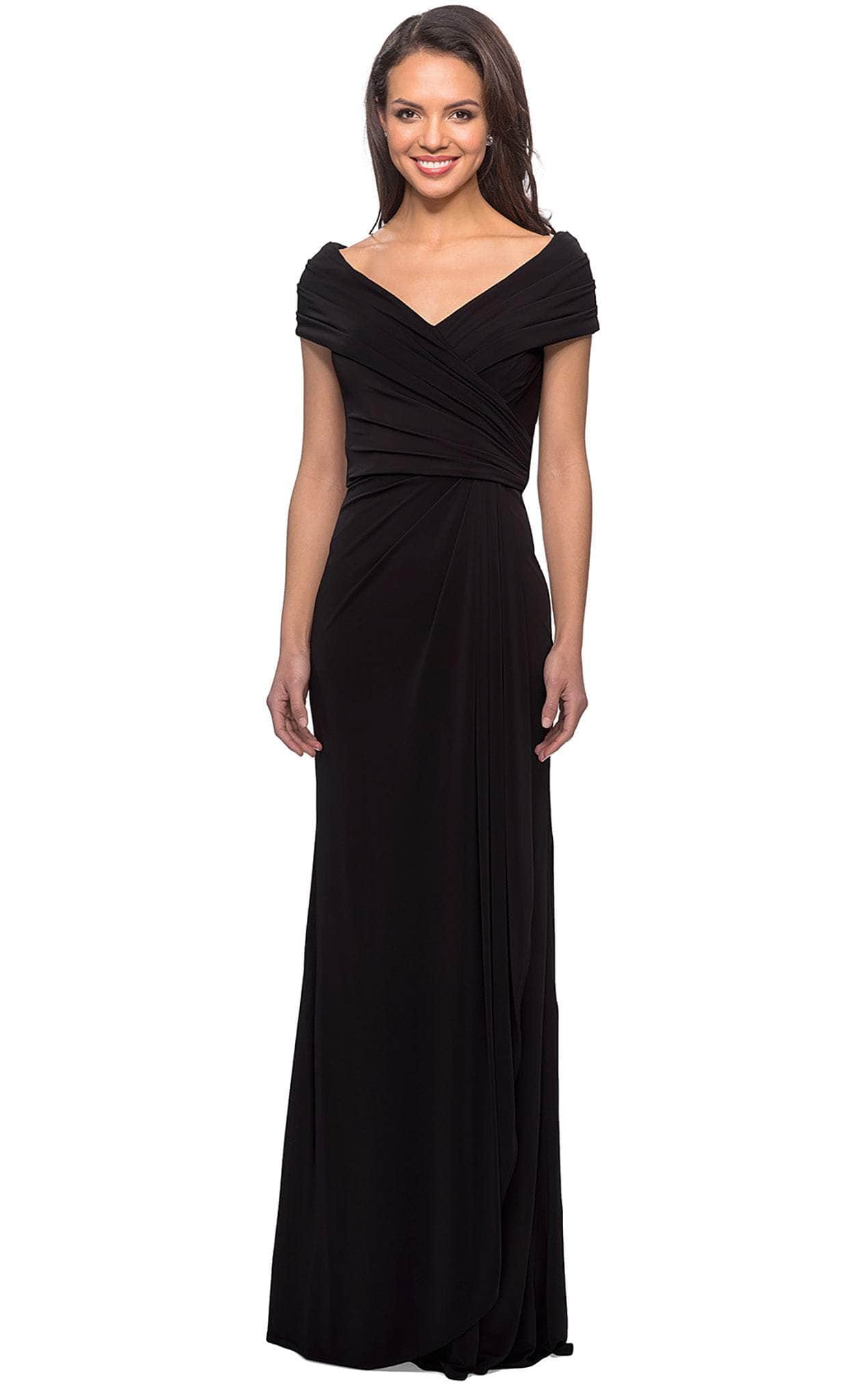 26519 Off Shoulder V Neck Long Sheath Jersey Gown