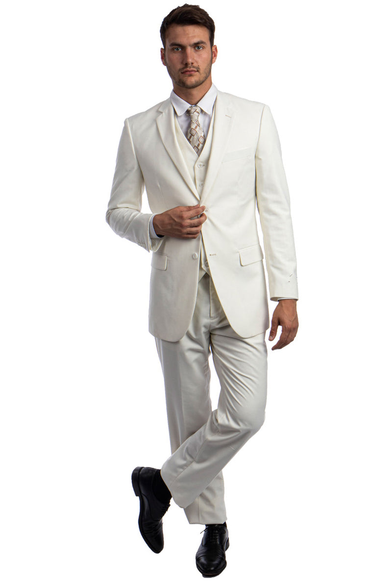 Men’s Vested Two Button Solid Color Wedding & Business Suit in Ivory