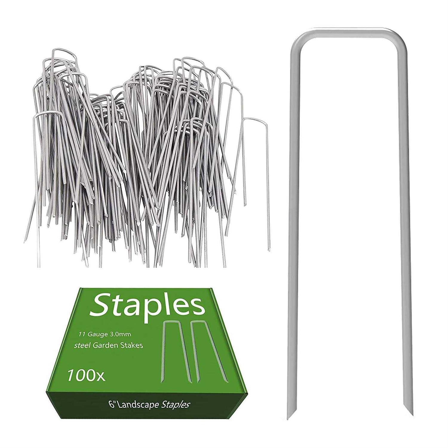 Aagut Garden Stakes Pins Landscape Staples 100 Pack 6 Inch 11-gauge Galvanized Lawn Stake for Dog Fence