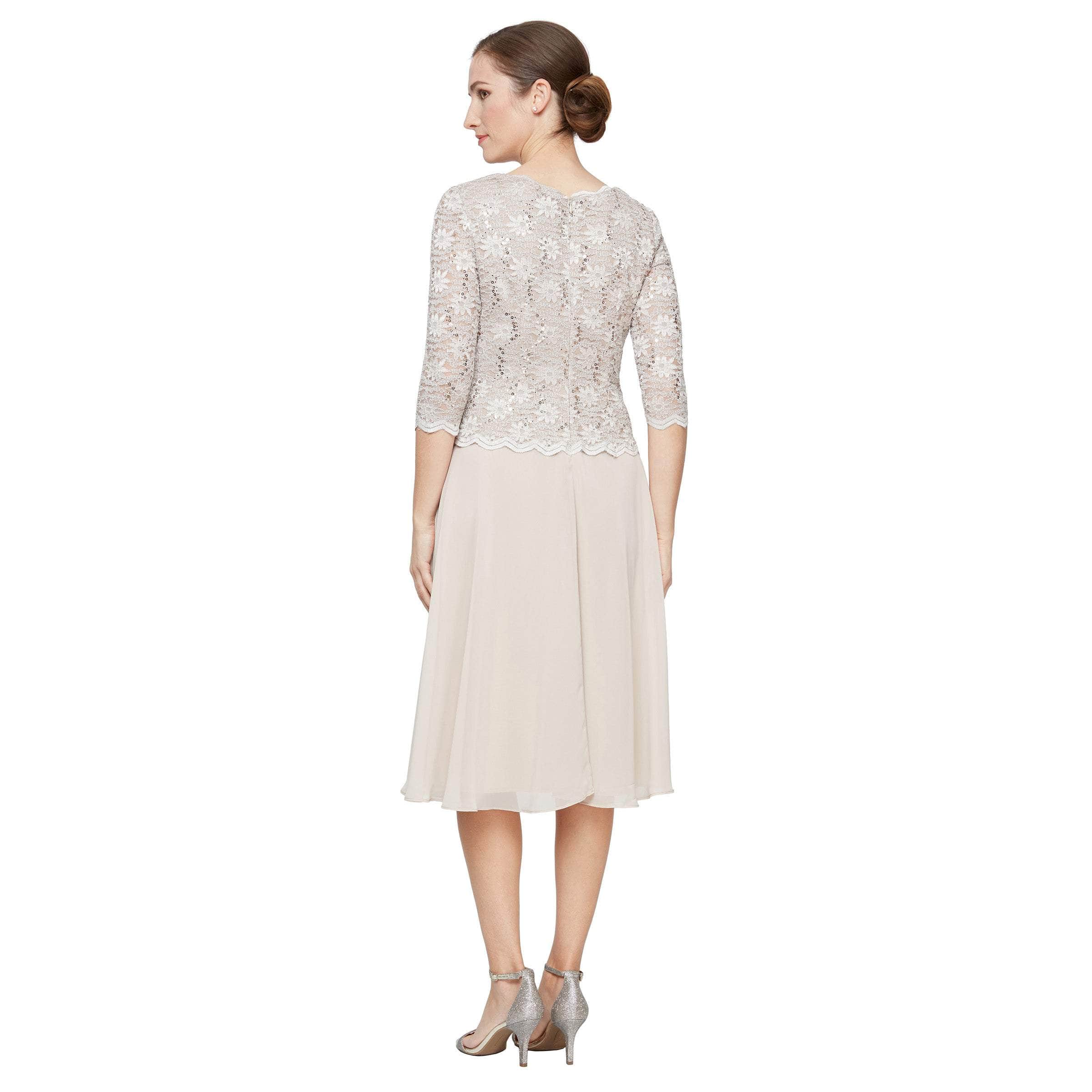 1121796 Scallop Lace Top Tea Length Chiffon Dress
