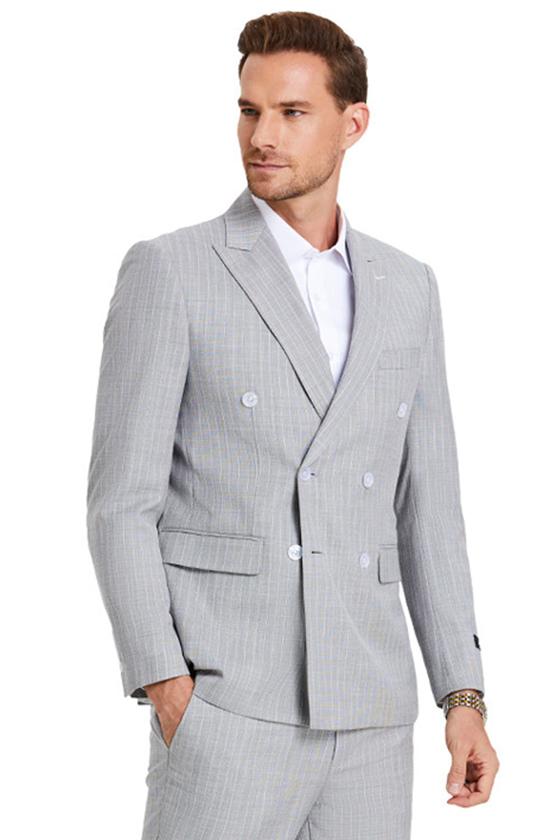 Men’s Slim Fit Double Breasted Summer Pastel Suit in Light Grey Pinstripe