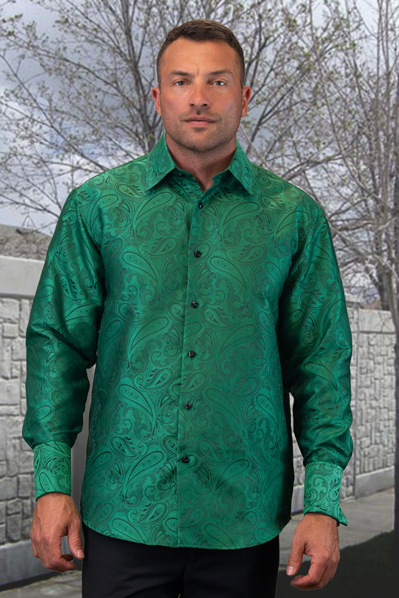 Men’s Fancy Long Sleeve Woven Paisley Dress Shirt in Forest Green