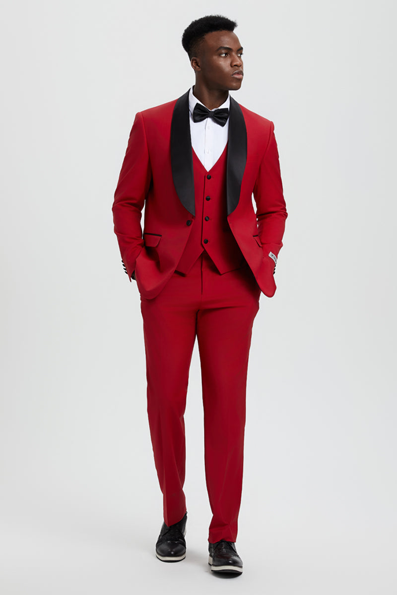 Men’s Stacy Adams Vested One Button Shawl Lapel Designer Tuxedo in Red