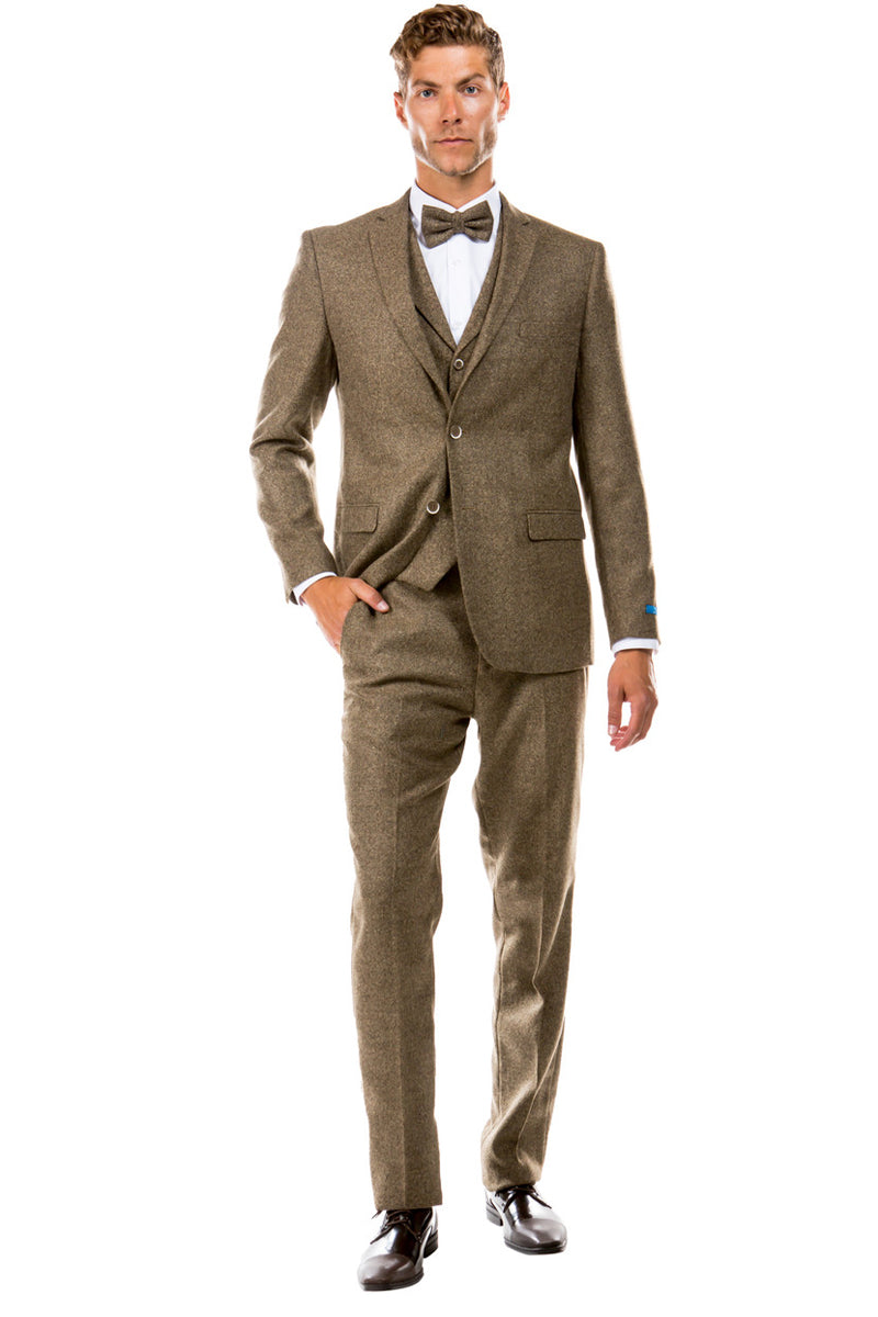 Men’s Two Button Vested Vintage Style Tweed Wedding Suit in Tan
