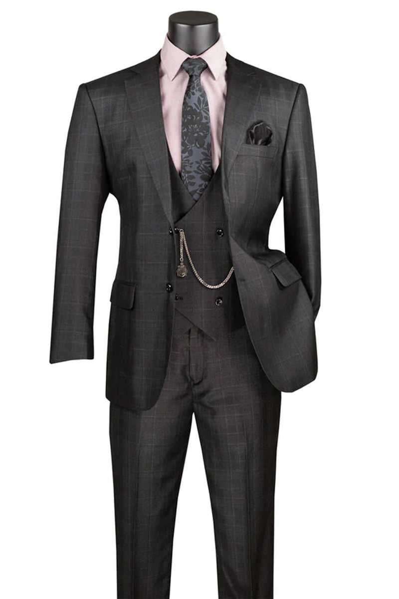 Men’s 2 Button Vested Peak Lapel Plaid Windowpane Suit in Black