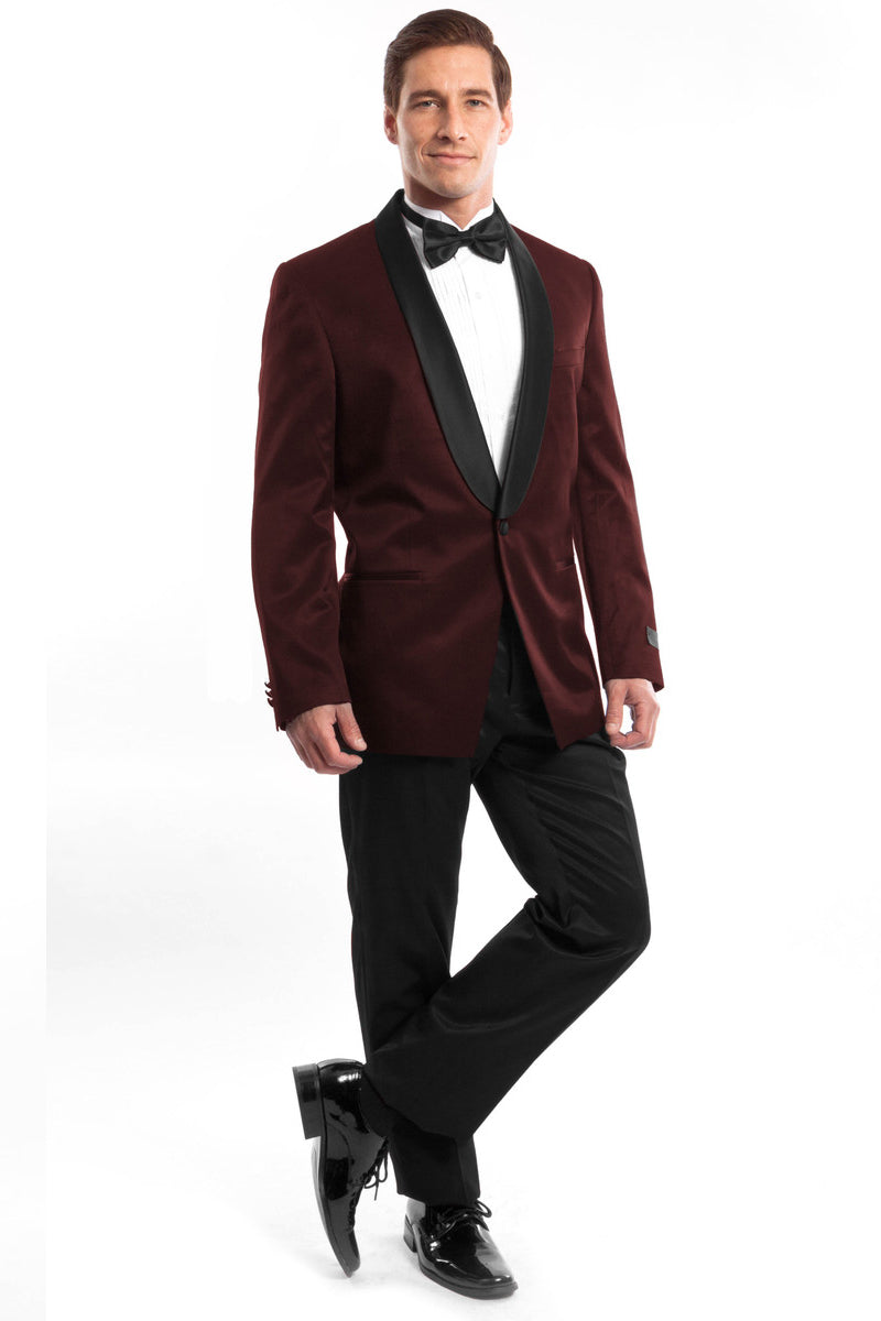 Men’s Slim Fit Shawl Tuxedo in Burgundy Satin Birdseye