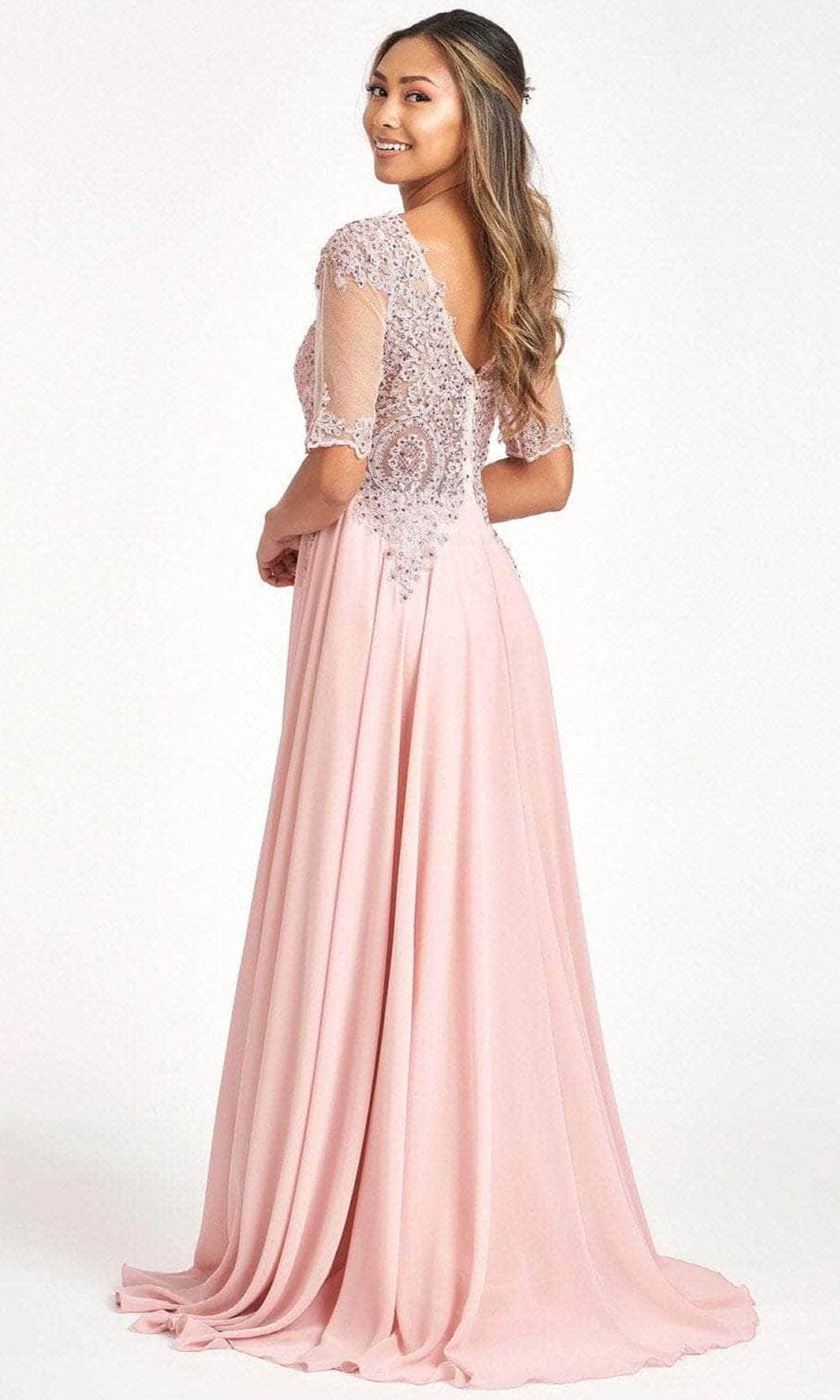Sheer Quarter Sleeve Lace Applique Evening Dress