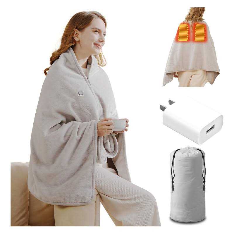 Zireot USB Heated Blanket,Portable Cordless Wearable Heated Shawl Throw Blanket for Home & Outdoor,Battery Operated Heated Blanket,with USB Charger