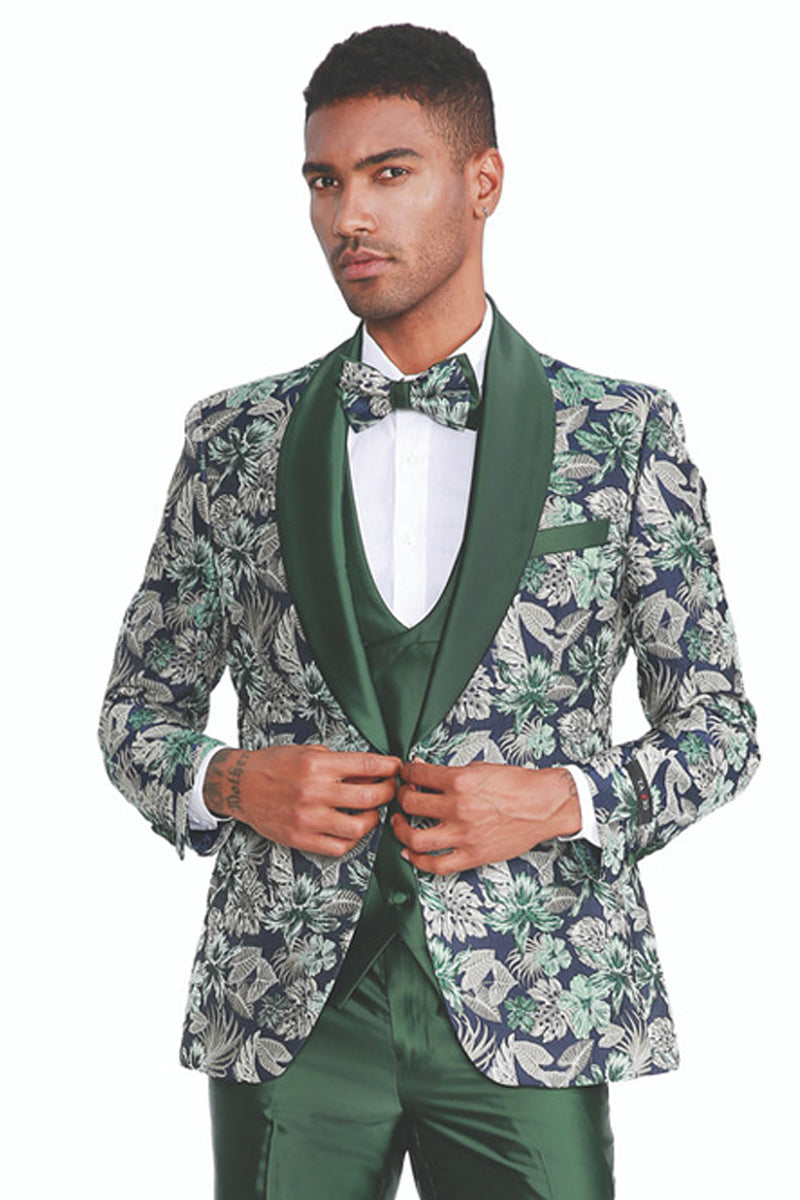 Men’s Slim Fit One Button Vested Paisley Shawl Lapel Prom Tuxedo in Hunter Green
