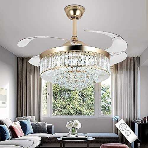 42&”Reversible Chandelier Crystal Ceiling Fan with Lights Stepless Dimming Modern Ceiling Fan Remote Control Retractable Invisible Blades