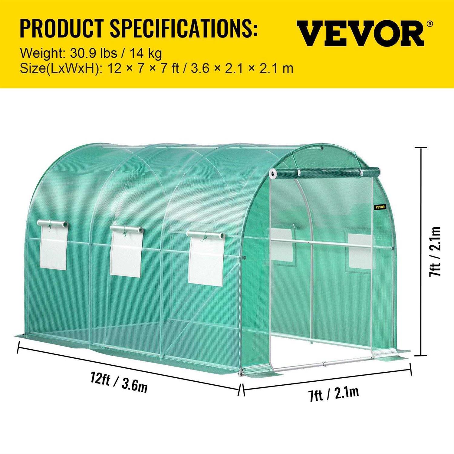 VEVOR 7 ft Walk-in Tunnel Greenhouse Portable Plant Hot House w/ Galvanized Steel Hoops