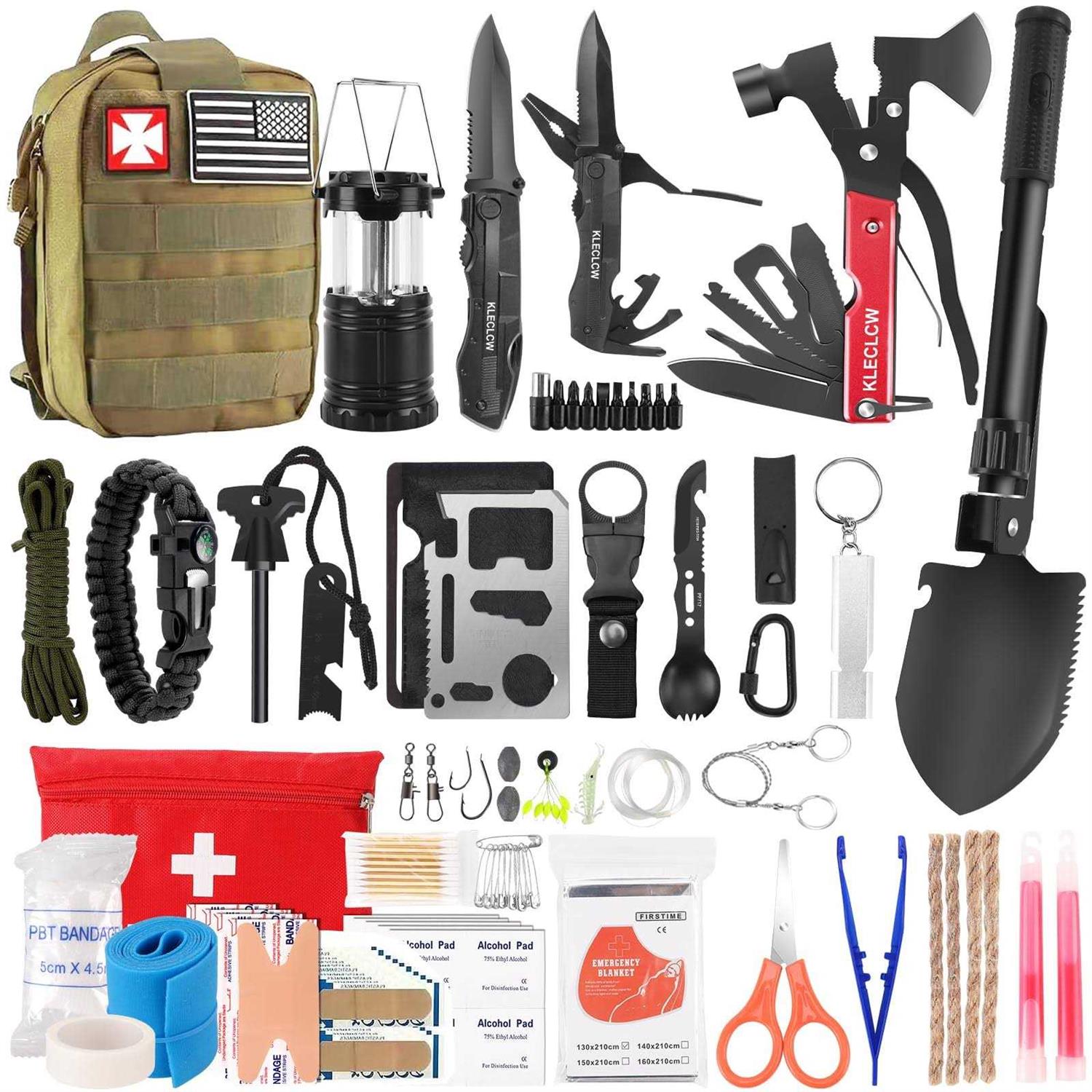 Kleclcw Survival Kit 160 Pcs Emergency Supplies Camping Accessories with Upgraded Molle Bag