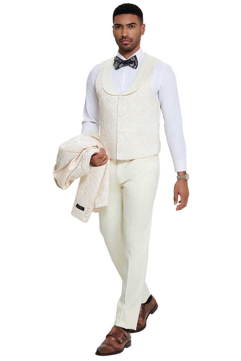 Men’s Designer Wedding & Prom Shawl Lapel Vested Paisley Tuxedo in Ivory