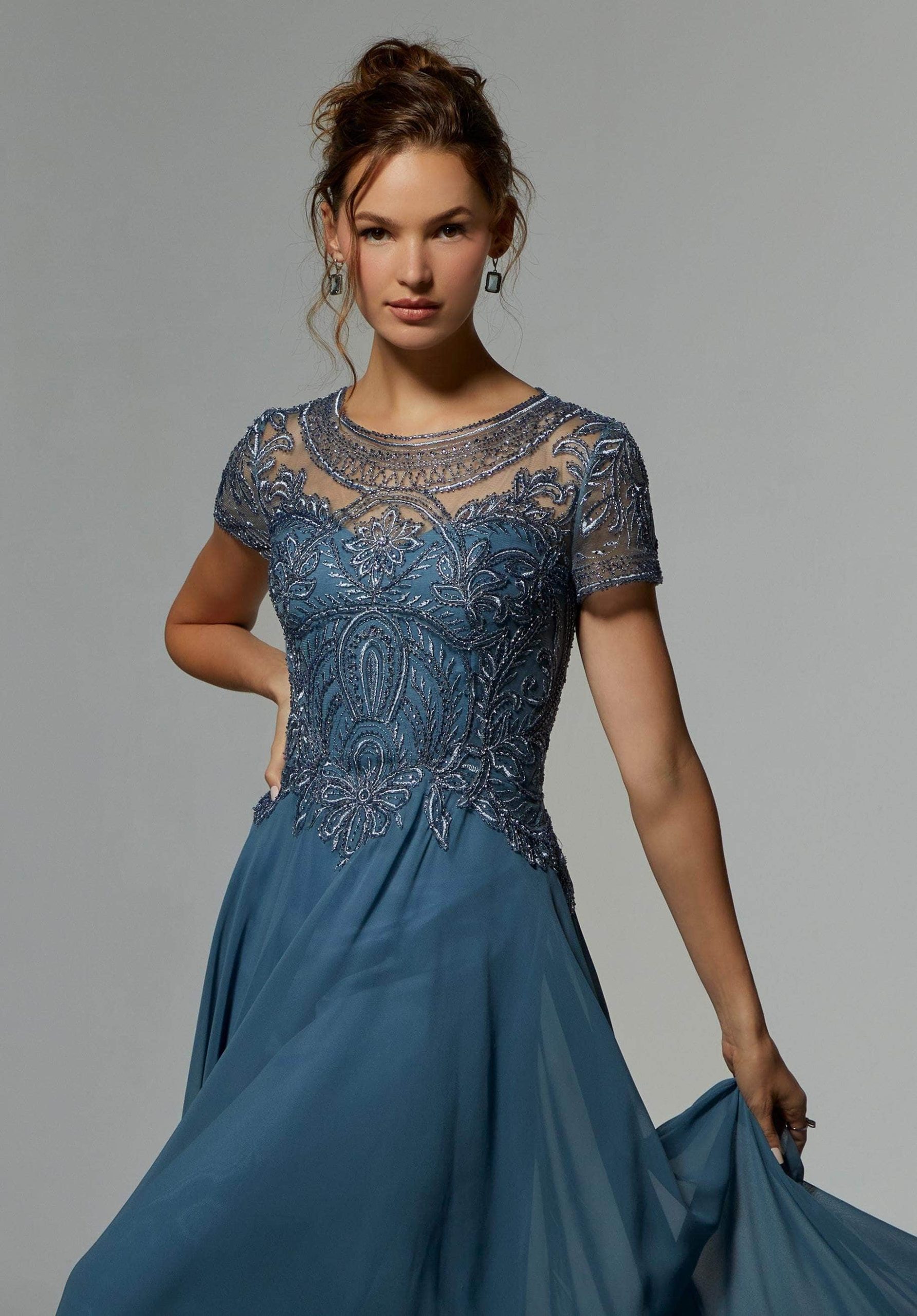71824 Embellished Bateau Chiffon A-line Dress