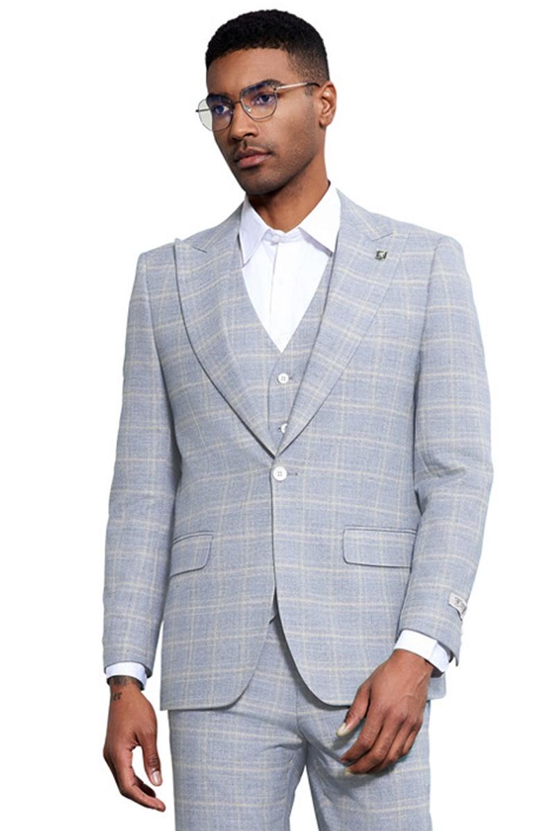 Men’s Stacy Adams Vested Peak Lapel Baby Blue Plaid Prom & Wedding Suit
