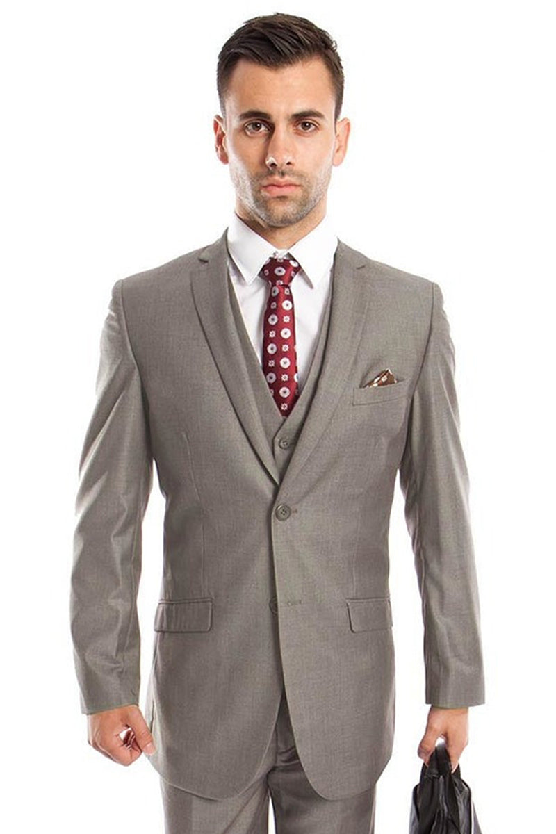 Men’s Two Button Slim Fit Basic Vested Wedding Suit in Grey