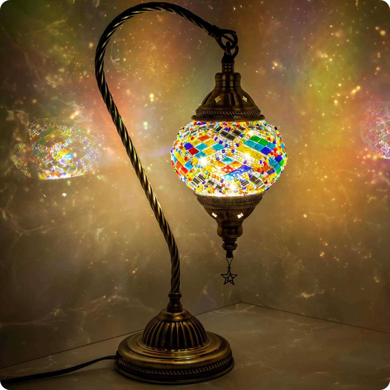 Turkish Moroccan Lamp with Bronze Base Yarra Decor 3 Color Options Handmade Swan Neck Tiffany Mosaic Glass Bedside Lamps for Bedroom