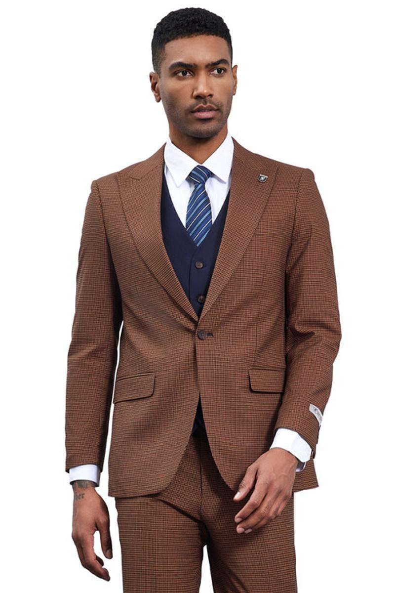Men’s Stacy Adams One Button Peak Lapel Vested Micro Check in Cognac Brown with a Navy Vest