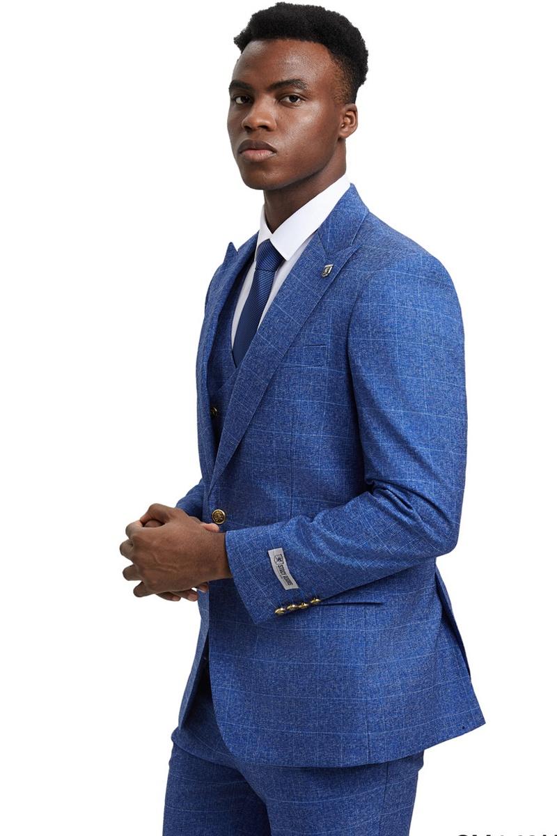 Men’s Stacy Adams Peak Lapel Suit with Double Breasted Vest in Blue Windowpane Plaid
