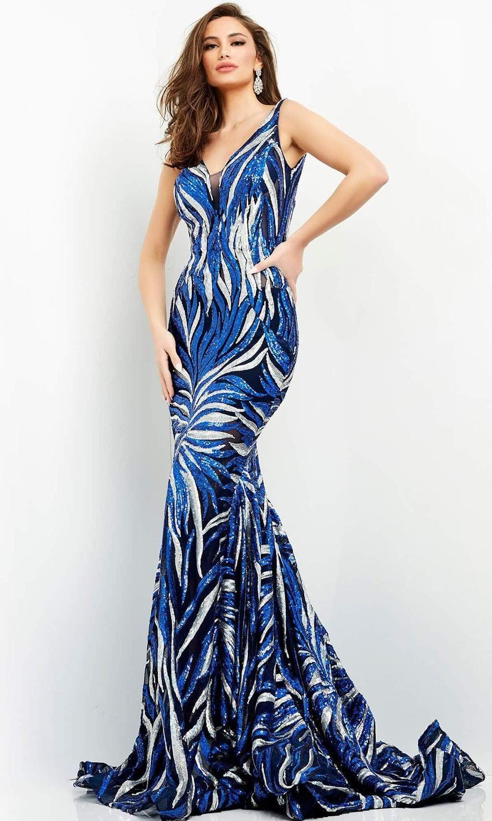 06153 Sequin Plunging V Neck Trumpet Dress