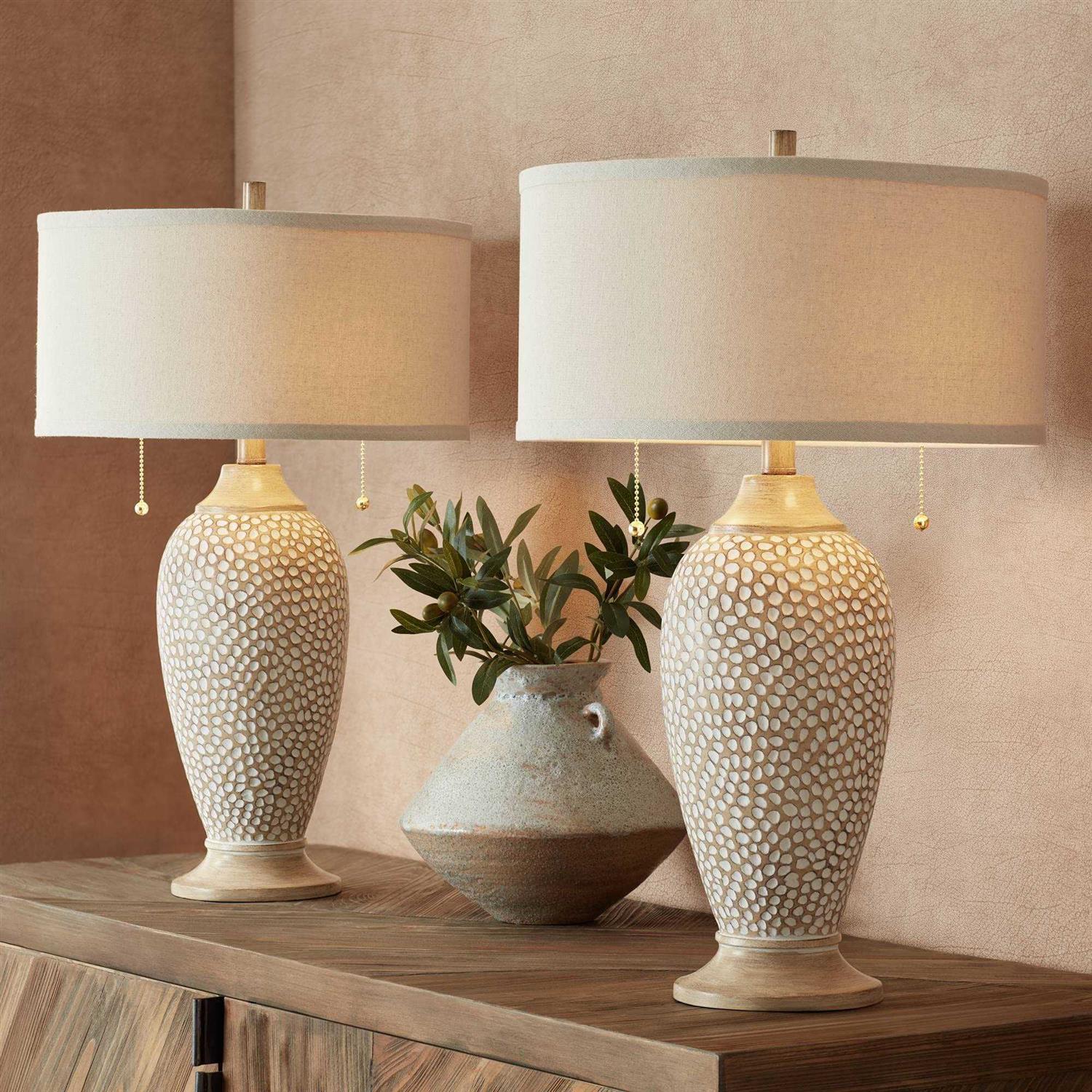 360 Lighting Cody Rustic Farmhouse Table Lamps 24 1/2 High Set of 2 Beige Textured Pebble Drum Shade for Bedroom Living Room Bedside Nightstand House