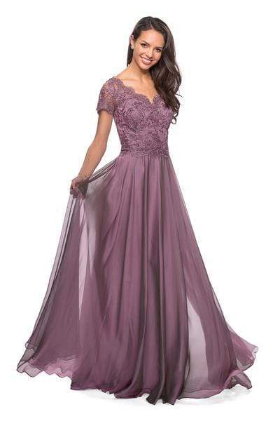 27098 Embordered Lace Bodice Chiffon A- Line Gown