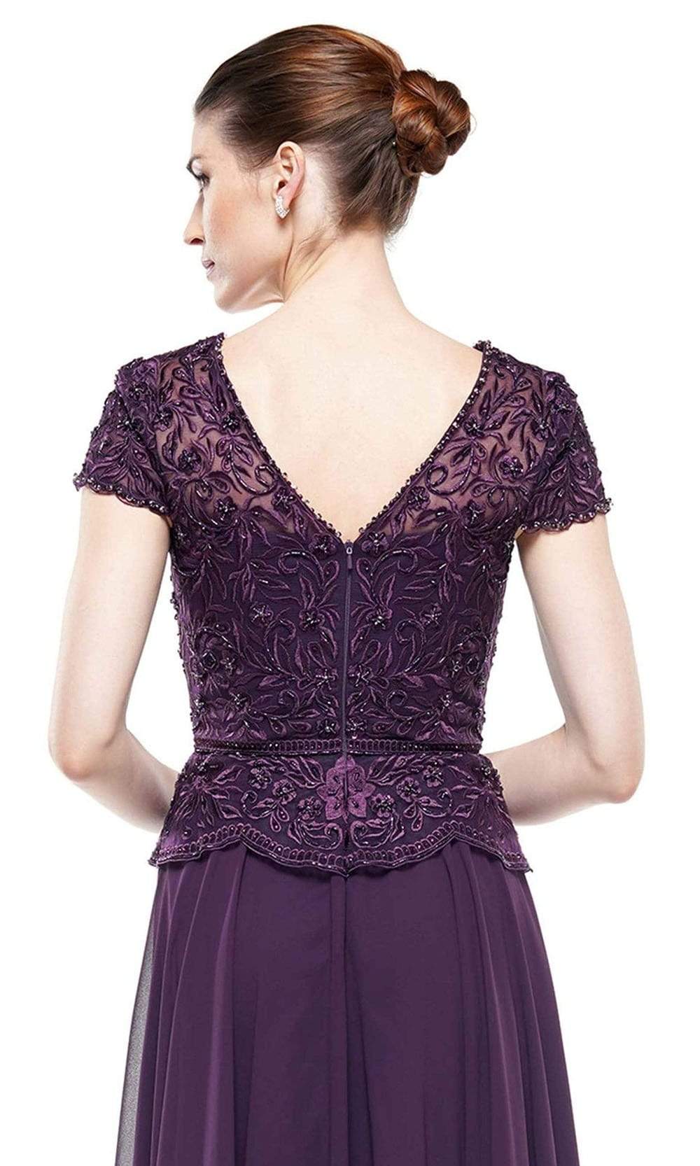 M243 Short Sleeve Embroidered Peplum Chiffon Gown