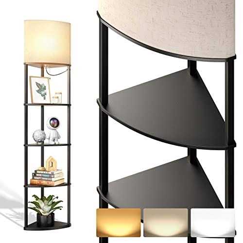 addlon 5-Tier Sector Corner Shelf Floor Lamp with 3 Color Temperatures LED Bulb and White Lamp Shade