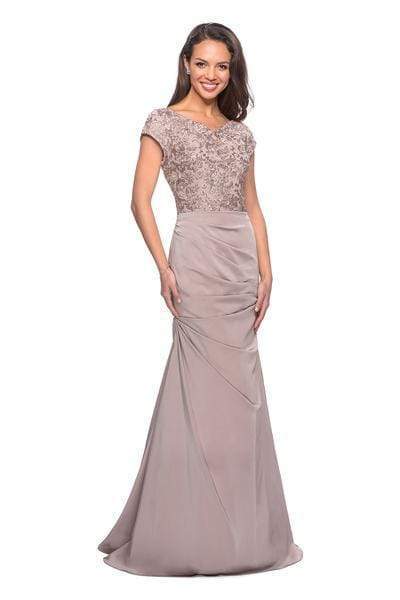26806 Short Sleeve Embroidered Bodice Ruched Mermaid Gown
