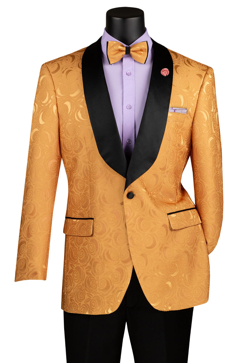 Men’s Regular Fit Square Shawl Prom & Wedding Tuxedo Jacket in Gold Paisley Rose Print
