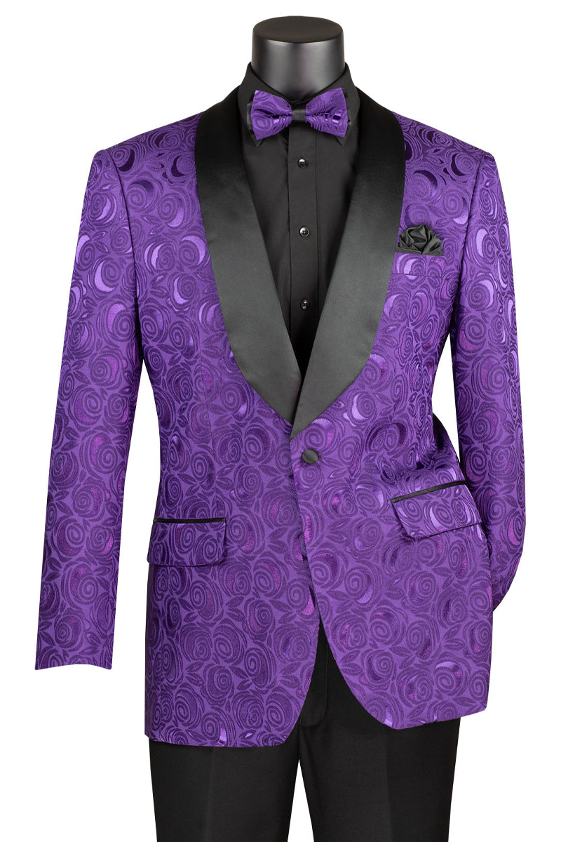 Men’s Regular Fit Square Shawl Prom & Wedding Tuxedo Jacket in Purple Paisley Rose Print