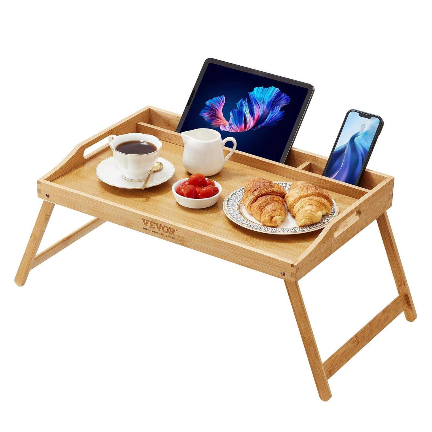 VEVOR Bed Tray Table with Foldable Legs Bamboo Breakfast Tray for Sofa Bed Eating Snacking and Working Folding Serving Laptop Desk Tray