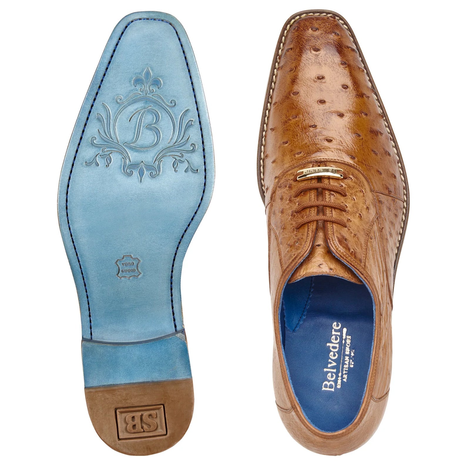 Men’s Belvedere Orlando Ostrich Quill Plain Toe Dress Shoe in Antique Peanut