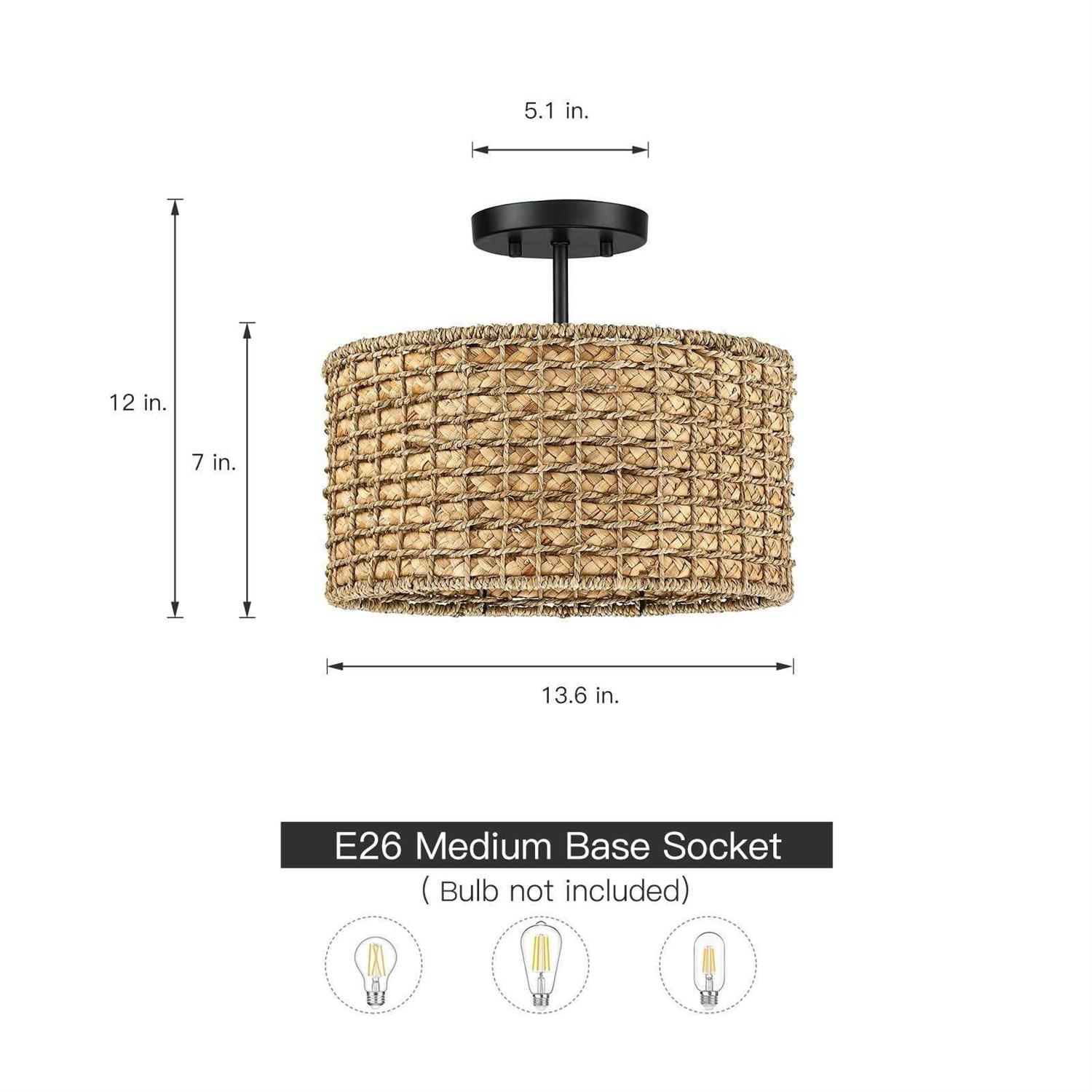 True Fine 13.6 in. 2-Light Natural Rattan Semi-Flush Mount Ceiling Light with Black Canopy