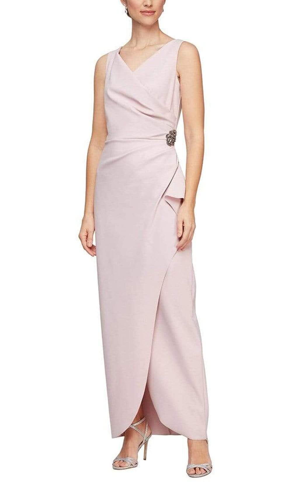 134200 Sleeveless Surplice Bodice Long Fitted Dress