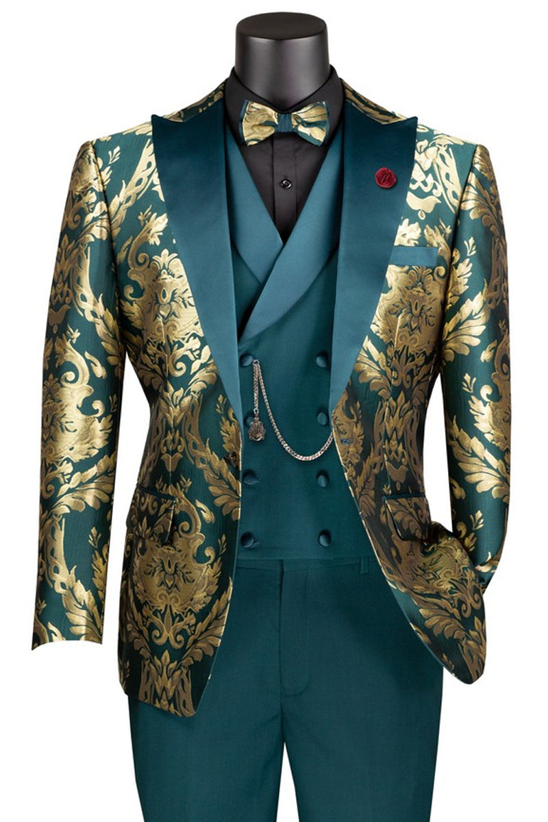 Men’s Shiny Paisley Jacquard Vested Wedding & Prom Tuxedo in Emerald Green & Gold