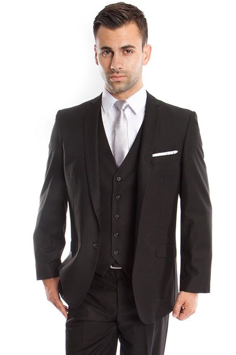 Men’s Two Button Slim Fit Basic Vested Wedding Suit in Black