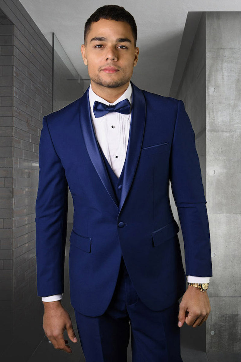 Men’s Designer Wool One Button Shawl Lapel Wedding Tuxedo in Sapphire Blue