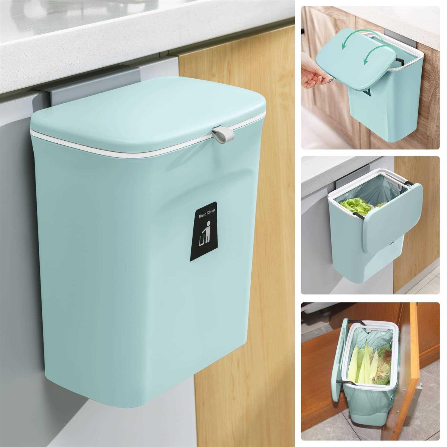 Tiyafuro 2.4 Gallon Kitchen Compost Bin for Counter Top or Under Sink Hanging Small Trash Can with Lid for Cupboard/bathroom/bedroom/office/camping