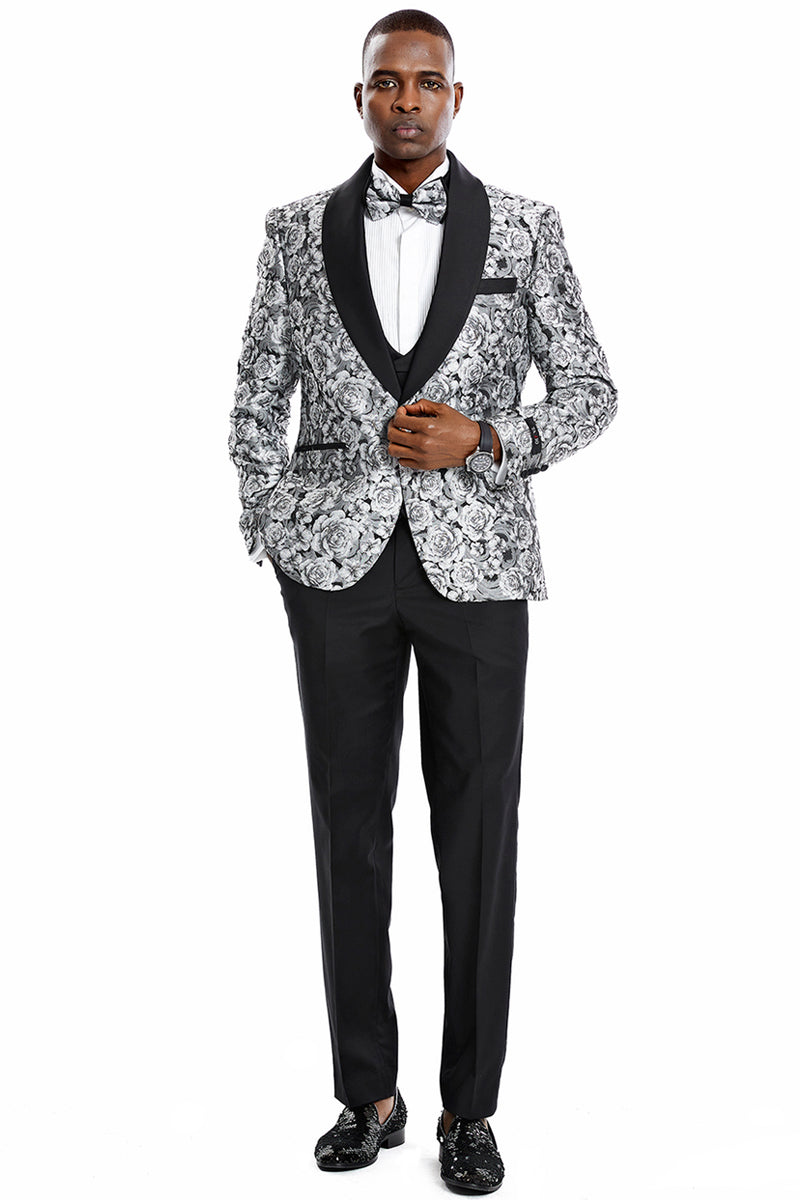 Men’s One Button Slim Fit Shiny Paisley Floral Vested Prom Tuxedo in Silver