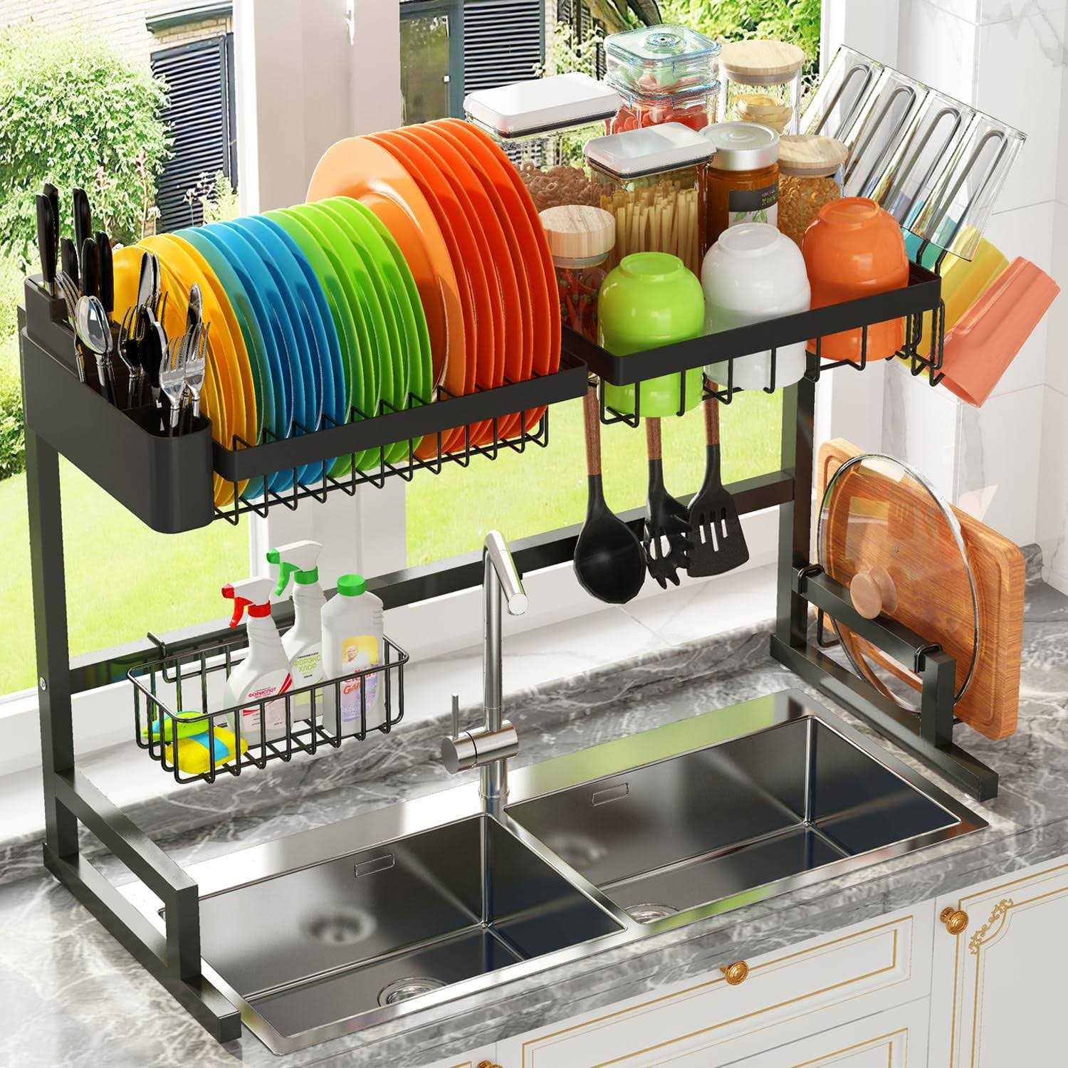 ADBIU Over The Sink Dish Drying Rack Snap-On Design 2 Tier Large Dish Rack Stainless Steel