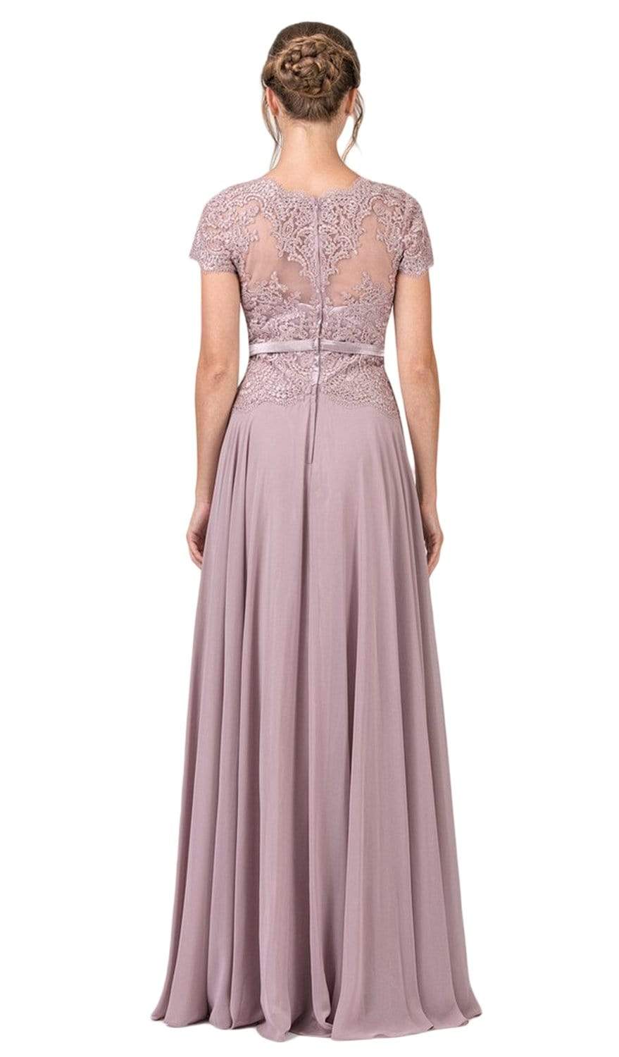 5909 Short Sleeve Lace Bodice Scalloped Peplum Dress