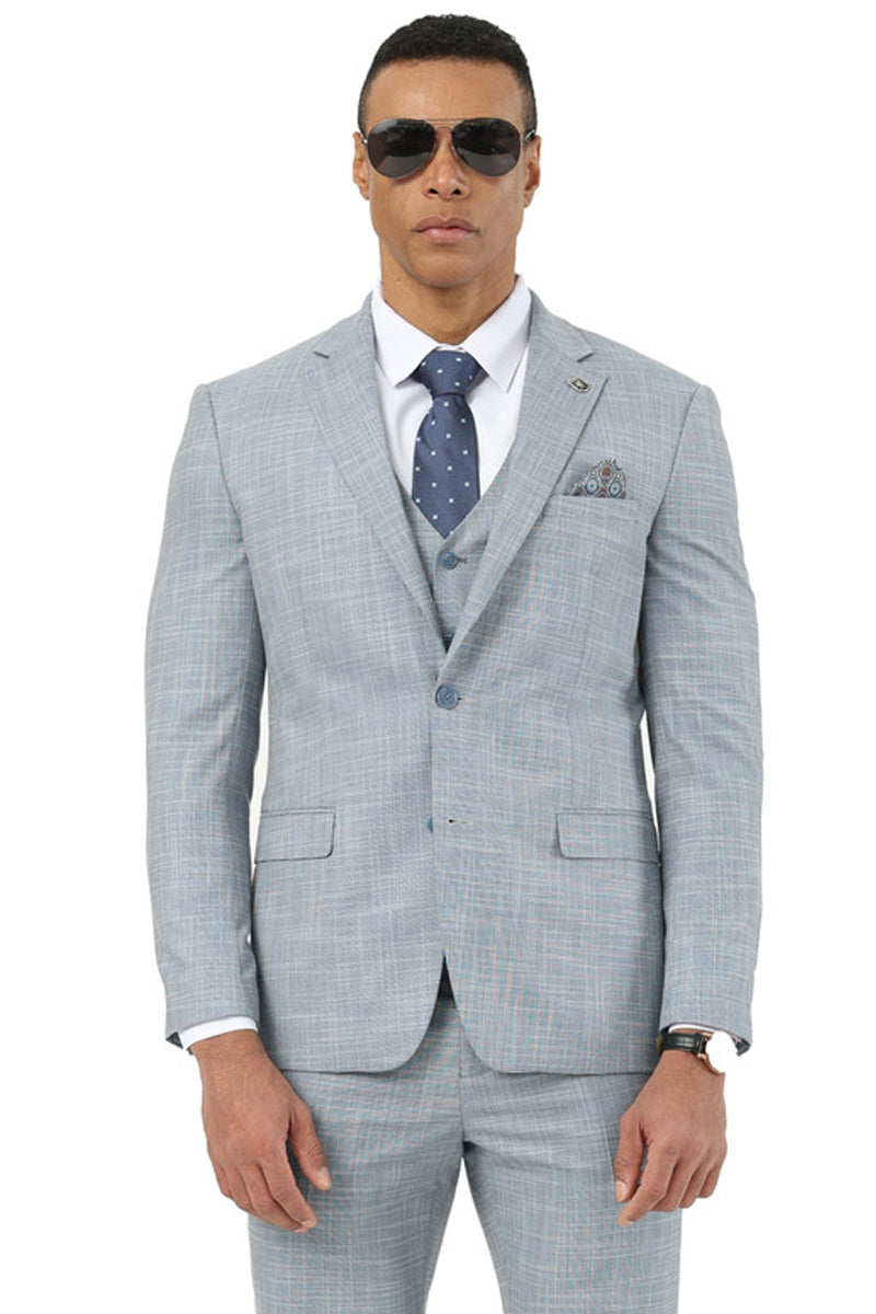 Men’s Designer Stacy Adams Vested Suit in Light Grey Sharkskin Weave