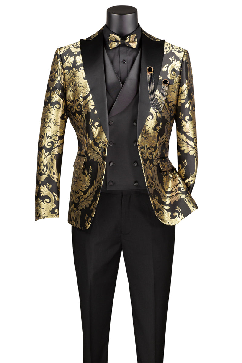 Men’s Shiny Paisley Jacquard Vested Wedding & Prom Tuxedo in Black & Gold